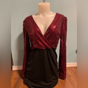 Cute party red black sequin dress above knee size L worn once